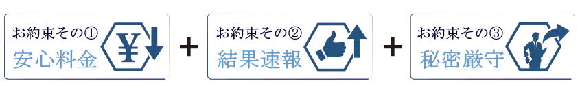 ダルタン調査事務所からのお約束「安心料金」「結果速報」「秘密厳守」