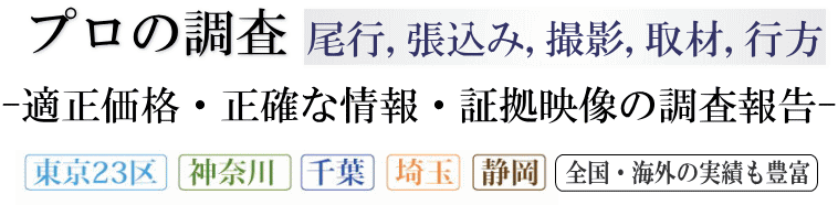 プロの調査(東京・神奈川・千葉・埼玉・静岡)での尾行,張込み,撮影,取材,行方
低料金で確実な証拠を提供